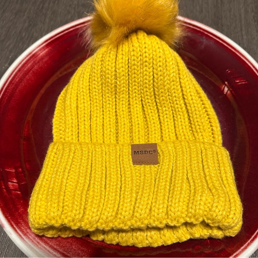 Brand New MSDC Women's Knit Mustard Yellow Beanie featuring a Playful Pom-Pom